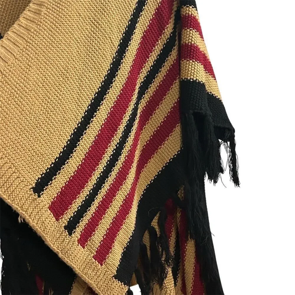 Women's Hooded Poncho Cape Brown Fringe Striped One Size‎